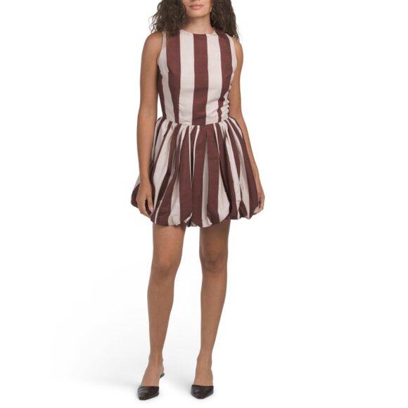 US TOGETHER Brown Multi Bubble Skirt Striped Mini Dress - Picture 1 of 1